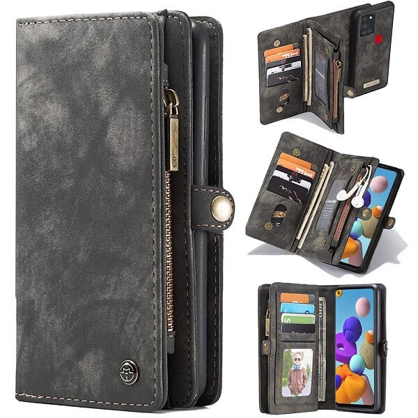 CaseMe For Samsung Galaxy A21S Zipper & Detachable Retro Leather Pouch Wallet Flip Purse Bag Detachable Phone Case Cover (Black)