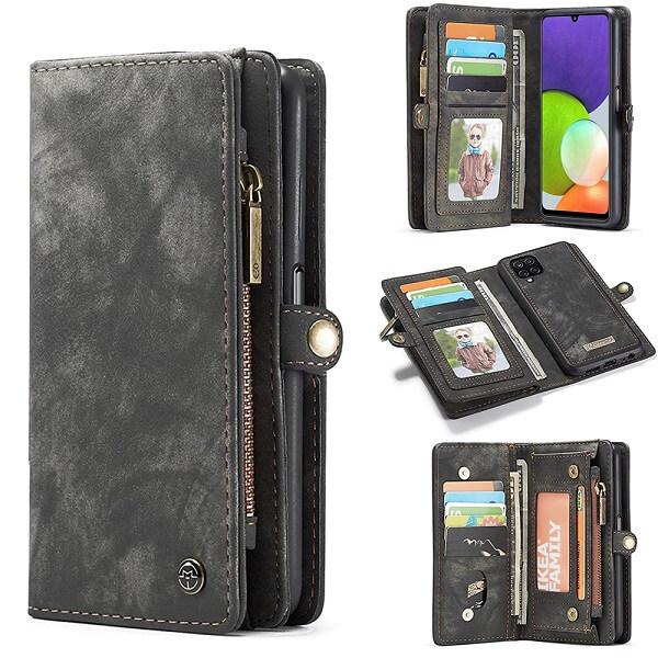 CaseMe For Samsung Galaxy A22 4G Zipper & Detachable Retro Leather Pouch Wallet Flip Purse Bag Detachable Phone Case Cover (Black)