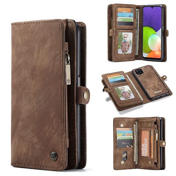 CaseMe For Samsung Galaxy A22 4G Zipper & Detachable Retro Leather Pouch Wallet Flip Purse Bag Detachable Phone Case Cover (Brown)