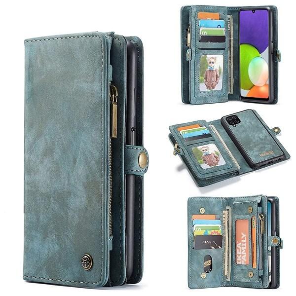 CaseMe For Samsung Galaxy A22 4G Zipper & Detachable Retro Leather Pouch Wallet Flip Purse Bag Detachable Phone Case Cover (Sky Blue)