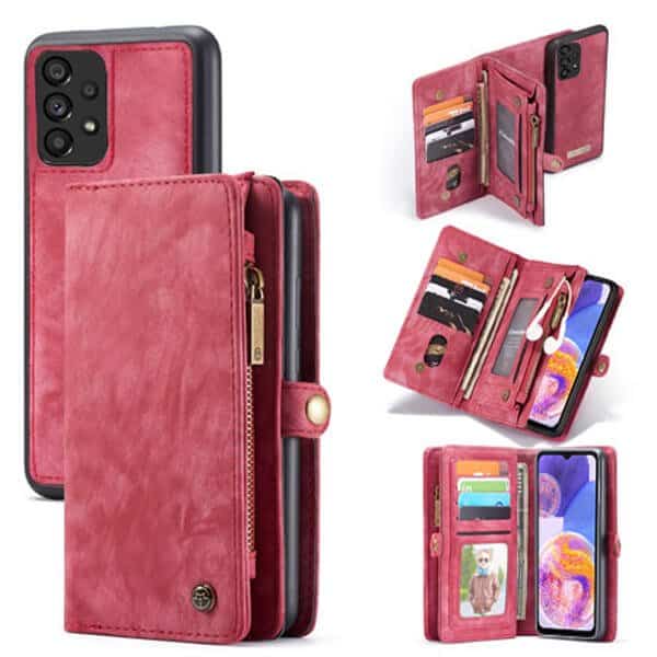 CaseMe For Samsung Galaxy A23 4G Zipper & Detachable Retro Leather Pouch Wallet Flip Purse Bag Detachable Phone Case Cover (Red)