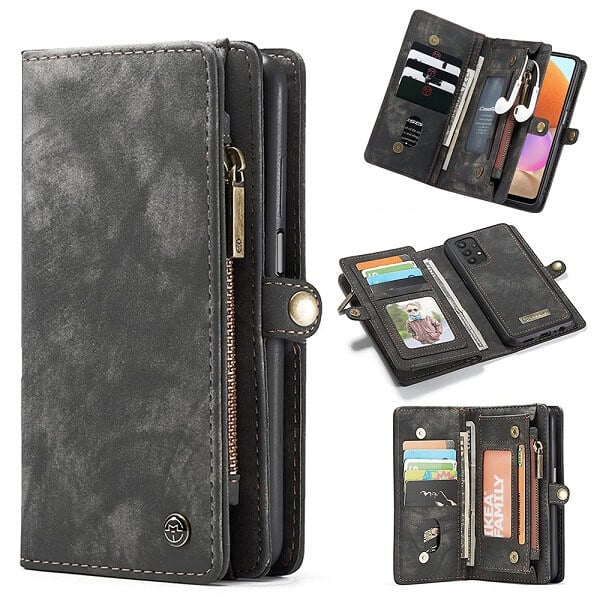 CaseMe For Samsung Galaxy A32 4G Zipper & Detachable Retro Leather Pouch Wallet Flip Purse Bag Detachable Phone Case Cover (Black)