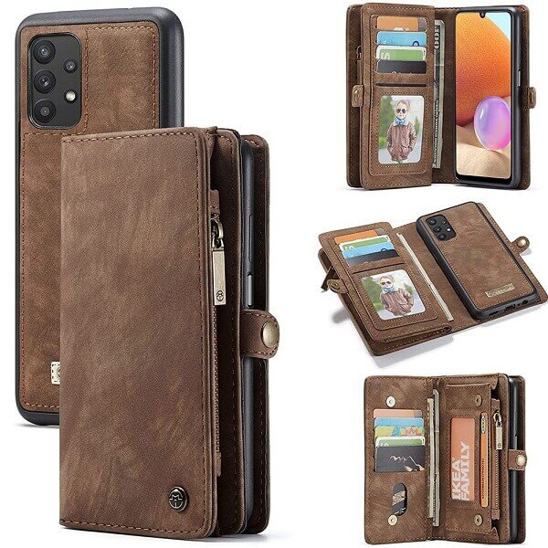 CaseMe For Samsung Galaxy A32 4G Zipper & Detachable Retro Leather Pouch Wallet Flip Purse Bag Detachable Phone Case Cover (Brown)