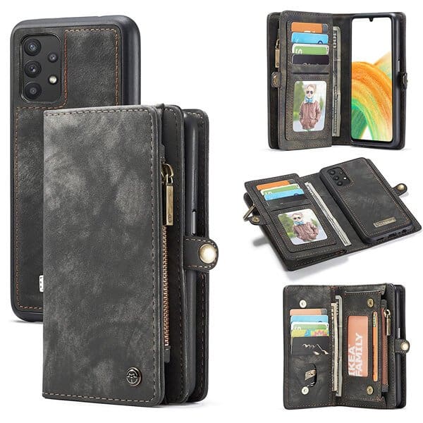 CaseMe For Samsung Galaxy A33 5G Zipper & Detachable Retro Leather Pouch Wallet Flip Purse Bag Detachable Phone Case Cover (Black)
