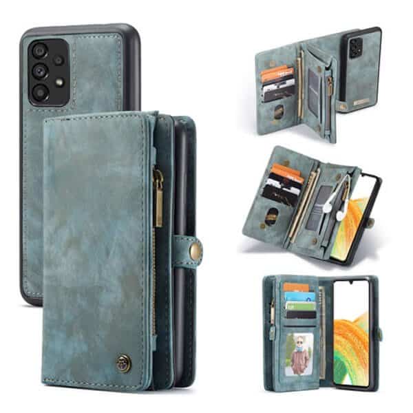 CaseMe For Samsung Galaxy A33 5G Zipper & Detachable Retro Leather Pouch Wallet Flip Purse Bag Detachable Phone Case Cover (Sky Blue)