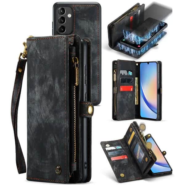 CaseMe For Samsung Galaxy A Series Magnetic Detachable Leather Zipper Wallet Case with Wrist Strap