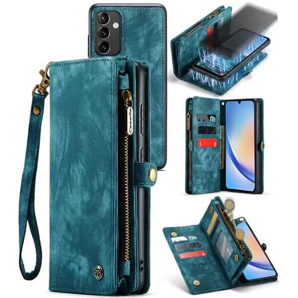 CaseMe For Samsung Galaxy A Series Magnetic Detachable Leather Zipper Wallet Case with Wrist Strap