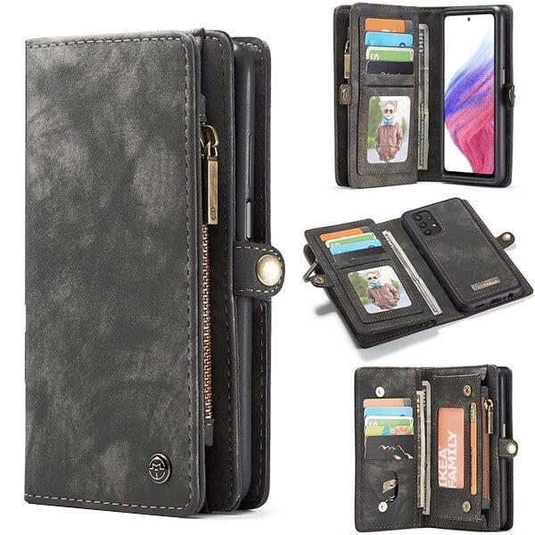 CaseMe For Samsung Galaxy A53 5G Zipper & Detachable Retro Leather Pouch Wallet Flip Purse Bag Detachable Phone Case Cover (Black)