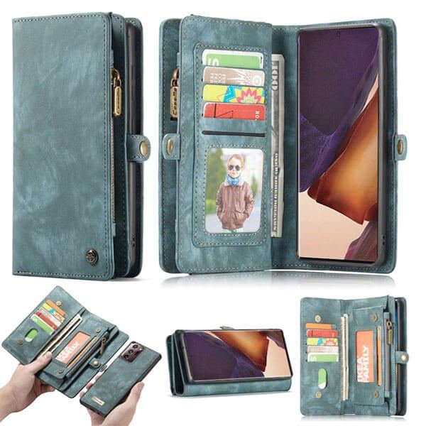 CaseMe For Samsung Galaxy Note 20 Ultra Zipper & Detachable Retro Leather Pouch Wallet Flip Purse Bag Detachable Phone Case Cover (Sky Blue)