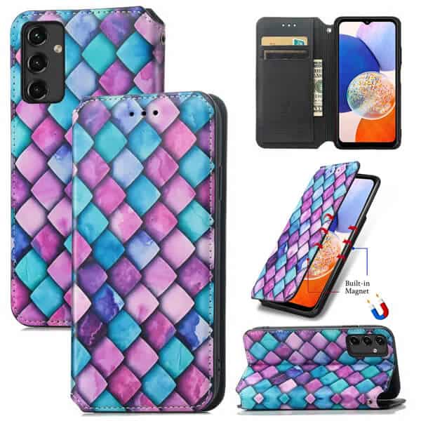 CaseNeo For Samsung Galaxy A14 5G Leather Wallet Flip Case With RFID Blocking Credit Card Holder Slots Cover – Purple Scales