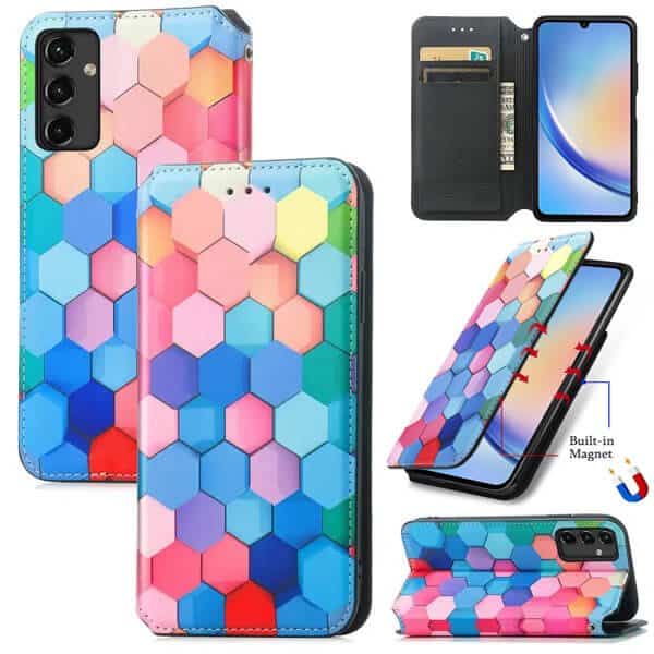 CaseNeo For Samsung Galaxy A34 5G Leather Wallet Flip Case With RFID Blocking Credit Card Holder Slots Cover - Colored Squares