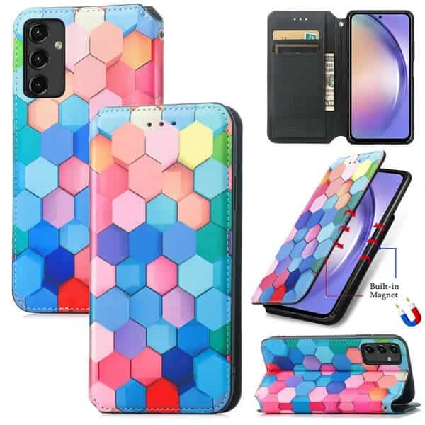 CaseNeo For Samsung Galaxy A54 5G Leather Wallet Flip Case With RFID Blocking Credit Card Holder Slots Cover – Colored Squares