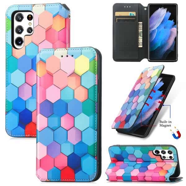 CaseNeo For Samsung Galaxy S23 Ultra Leather Wallet Flip Case With RFID Blocking Credit Card Holder Slots Cover – Colored Squares