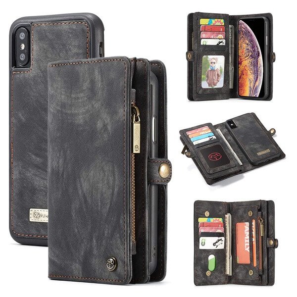 CaseMe For Apple iPhone XS Max Zipper & Detachable Retro Leather Pouch Wallet Flip Purse Bag Detachable Phone Case Cover (Black)