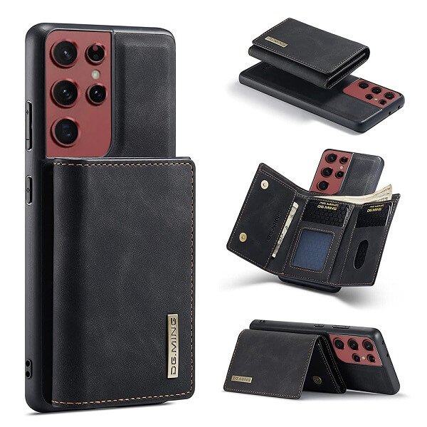 DG.MING For Samsung Galaxy S22 Ultra Premium Trifold Wallet Leather Case With 2-in-1 Magnetic Detachable Card Holder Pocket Cover - Black