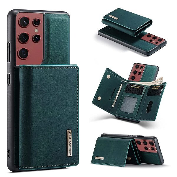 DG.MING For Samsung Galaxy S22 Ultra Premium Trifold Wallet Leather Case With 2-in-1 Magnetic Detachable Card Holder Pocket Cover - Blue