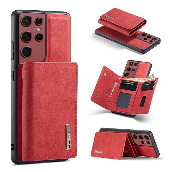 DG.MING For Samsung Galaxy S22 Ultra Premium Trifold Wallet Leather Case With 2-in-1 Magnetic Detachable Card Holder Pocket Cover - Red