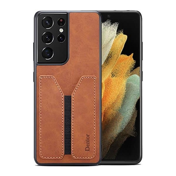 Denior For Samsung Galaxy S21 Ultra Leather Case with Elastic Wallet Card Holder Slot Pocket Cover - Brown