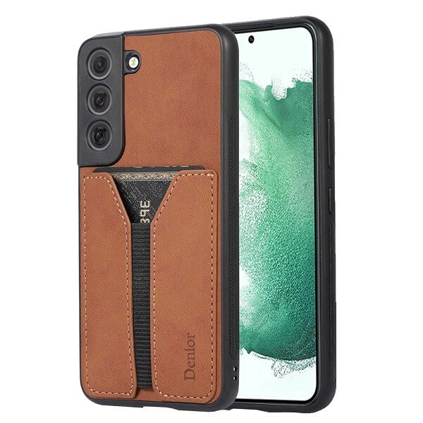 Denior For Samsung Galaxy S22+ /S22 Plus Leather Case with Elastic Wallet Card Holder Slot Pocket Cover - Brown