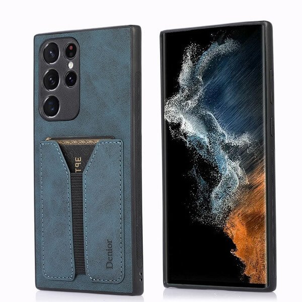 Denior For Samsung Galaxy S22 Ultra Leather Case with Elastic Wallet Card Holder Slot Pocket Cover - Blue