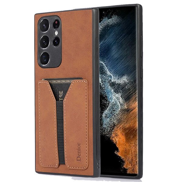 Denior For Samsung Galaxy S22 Ultra Leather Case with Elastic Wallet Card Holder Slot Pocket Cover - Brown