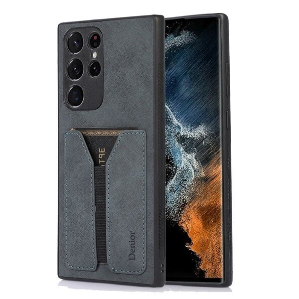 Denior For Samsung Galaxy S22 Ultra Leather Case with Elastic Wallet Card Holder Slot Pocket Cover - Grey