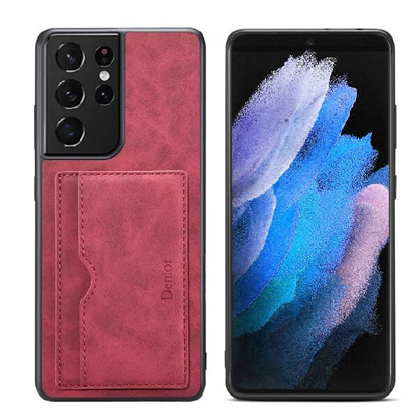 Denior For Samsung Galaxy S23 Ultra Leather Case with Elastic Wallet Card Holder Slot Pocket Cover – Red