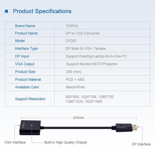 DisplayPort to VGA Adapter 1080P Converter Display Port DP to VGA Adapter Male to Female Connector For Computer, Desktop, Laptop, PC, Monitor, Projector, HDTV