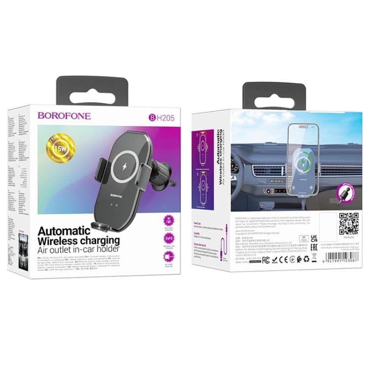 Borofone BH205 Infrared Wireless 15W Fast Charging Charger Air Vent Car Mount Mobile Phone Holder (Black)