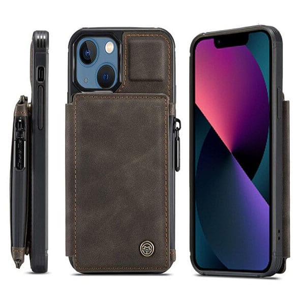 For Apple iPhone 13 Mini CaseMe Back Zipper Wallet Case W/ 3 Card Slots, RFID Blocking, 1 Money Pocket, Credit Card Holder Leather Cover (Coffee)