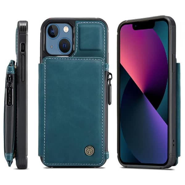 For Apple iPhone 13 Mini CaseMe Back Zipper Wallet Case W/ 3 Card Slots, RFID Blocking, 1 Money Pocket, Credit Card Holder Leather Cover (Teal Blue)