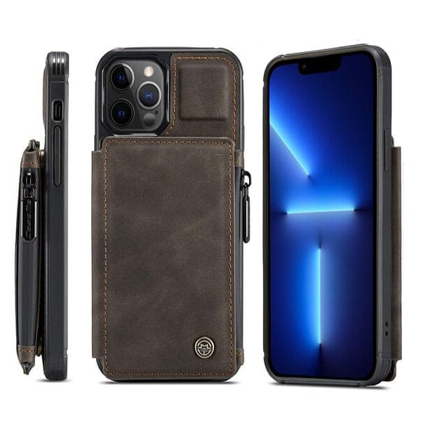 For Apple iPhone 13 Pro CaseMe Back Zipper Wallet Case W/ 3 Card Slots, RFID Blocking, 1 Money Pocket, Credit Card Holder Leather Cover (Coffee)