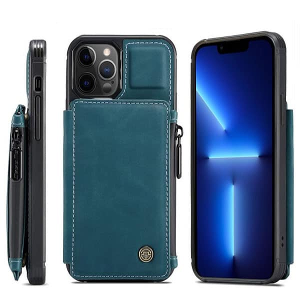 For Apple iPhone 13 Pro CaseMe Back Zipper Wallet Case W/ 3 Card Slots, RFID Blocking, 1 Money Pocket, Credit Card Holder Leather Cover (Teal Blue)