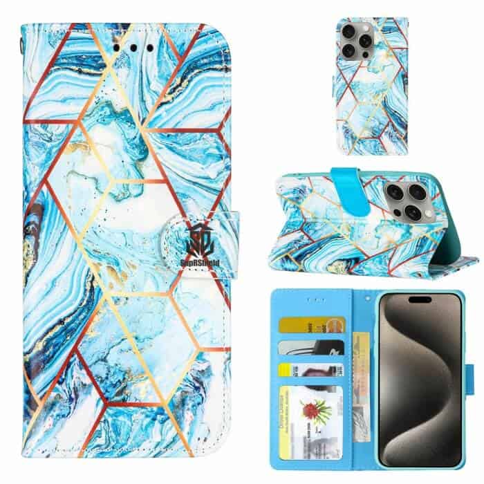For Apple iPhone Case SupRShield Marble Painting Pattern Flip Wallet Leather Card Slots Shockproof Cover