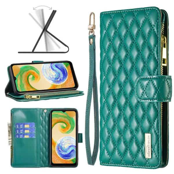 For Samsung Galaxy A Series Diamond Quilted Leather Zipper Wallet Flip Case with 9 Card Slots and Lanyard Cover – Green