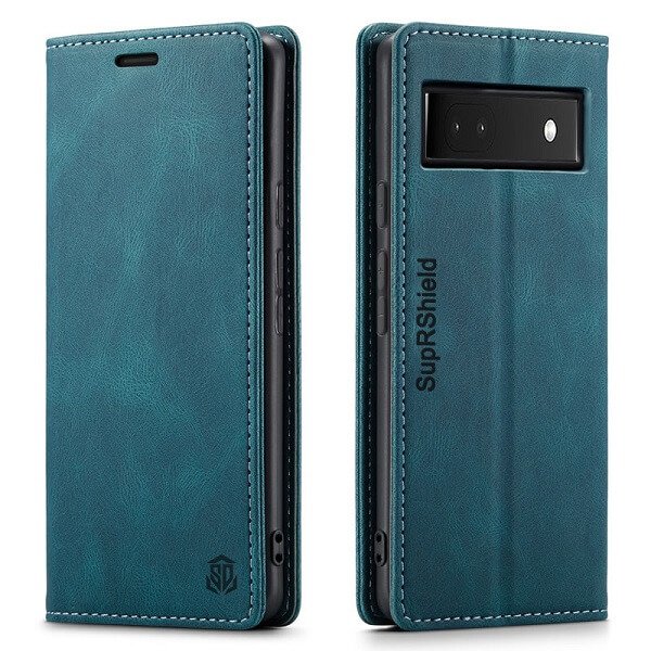 For Google Pixel 6a Case RFID Blocking Retro Flip Premium Leather Card Holder Wallet Cover - Cyan Blue