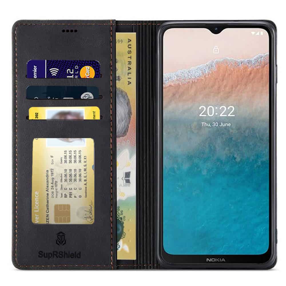 For Nokia C21 Plus Case RFID Blocking Retro Flip Premium Leather Card Holder Wallet Cover – (Black)