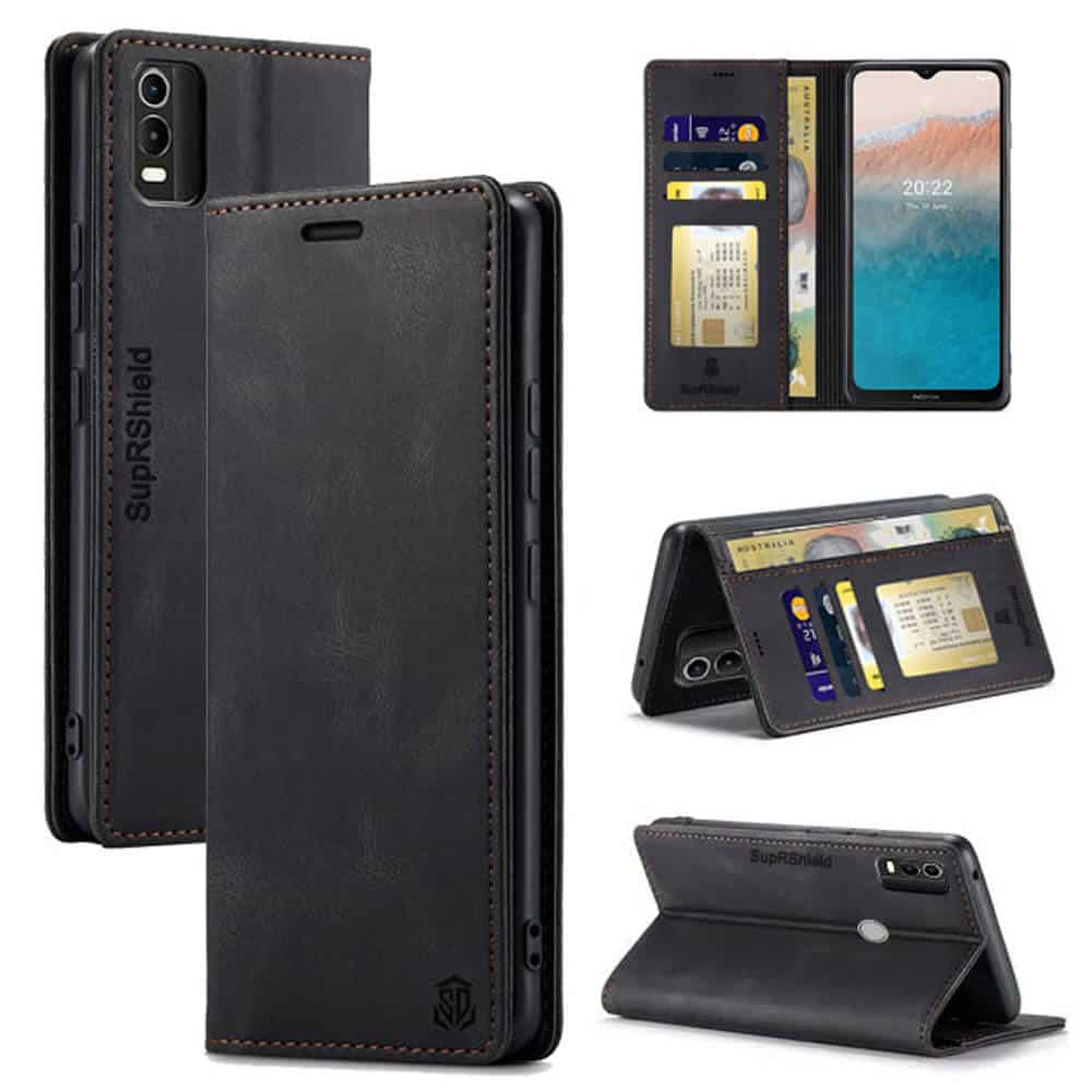 For Nokia C21 Plus Case RFID Blocking Retro Flip Premium Leather Card Holder Wallet Cover – (Black)