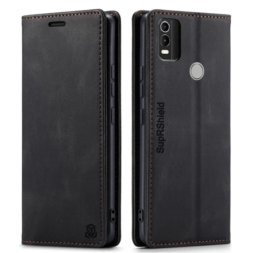 For Nokia C21 Plus Case RFID Blocking Retro Flip Premium Leather Card Holder Wallet Cover – (Black)