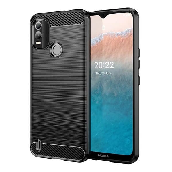 For Nokia C21 Plus Rugged Shockproof Case Carbon Fiber Heavy Duty Rugged Cover (Black)