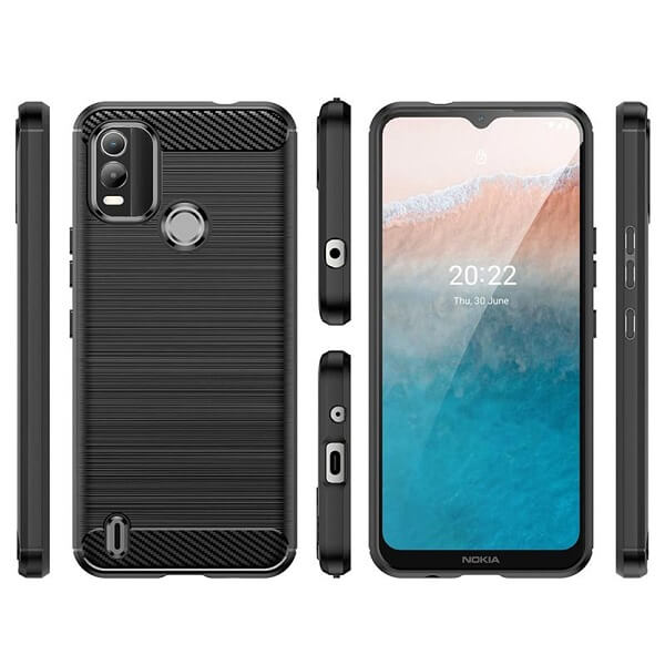 For Nokia C21 Plus Rugged Shockproof Case Carbon Fiber Heavy Duty Rugged Cover (Black)