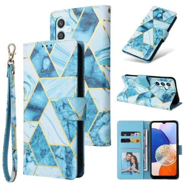 For Samsung Galaxy A14 5G Case Fashion Marble Painting Pattern Flip Wallet Case Leather Card Slots Stand Cover (Blue Gilding)