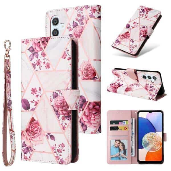 For Samsung Galaxy A14 5G Case Fashion Marble Painting Pattern Flip Wallet Case Leather Card Slots Stand Cover (Rose Gilding)