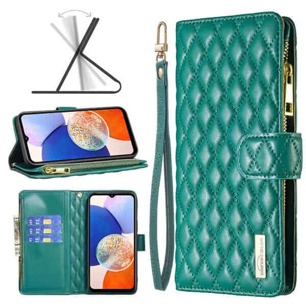 For Samsung Galaxy A14 5G Diamond Quilted Leather Zipper Wallet Flip Case with 9 Card Slots and Lanyard Cover – Green