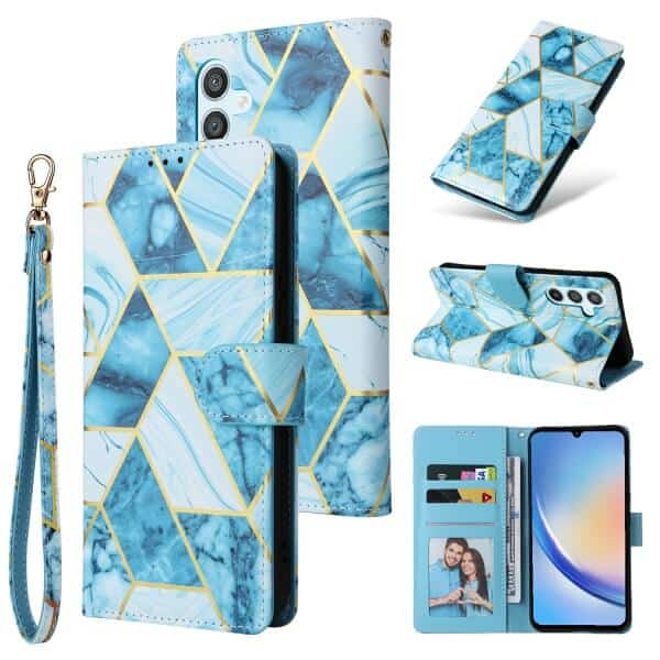 For Samsung Galaxy A34 5G Case Fashion Marble Painting Pattern Flip Wallet Case Leather Card Slots Stand Cover (Blue Gilding) (1)