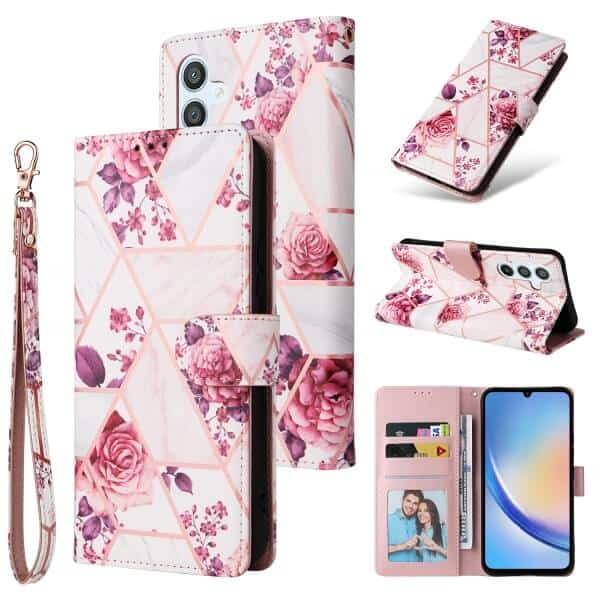 For Samsung Galaxy A34 5G Case Fashion Marble Painting Pattern Flip Wallet Case Leather Card Slots Stand Cover (Rose Gilding)