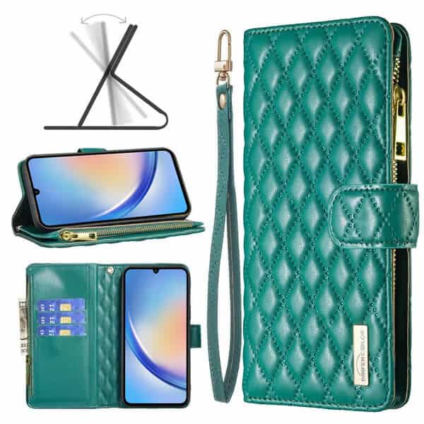 For Samsung Galaxy A34 5G Diamond Quilted Leather Zipper Wallet Flip Case with 9 Card Slots and Lanyard Cover – Green