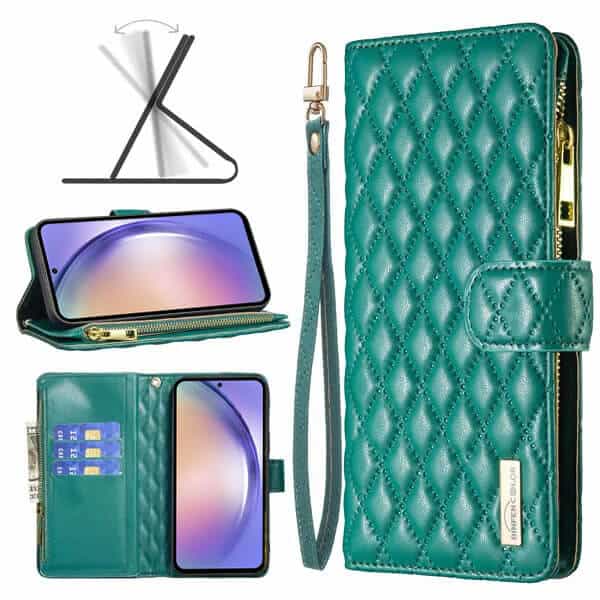 For Samsung Galaxy A54 5G Diamond Quilted Leather Zipper Wallet Flip Case with 9 Card Slots and Lanyard Cover – Green