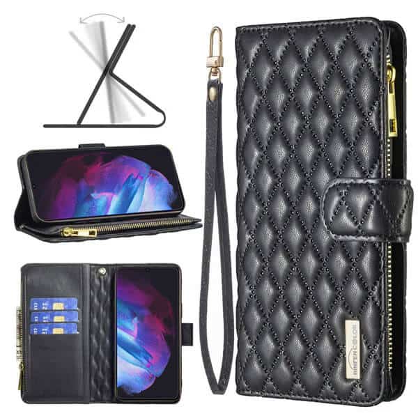 For Samsung Galaxy S23 Diamond Quilted Leather Zipper Wallet Flip Case with 9 Card Slots and Lanyard Cover – Black