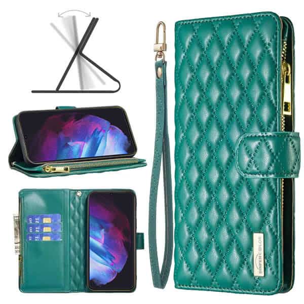 For Samsung Galaxy S23 Diamond Quilted Leather Zipper Wallet Flip Case with 9 Card Slots and Lanyard Cover – Green